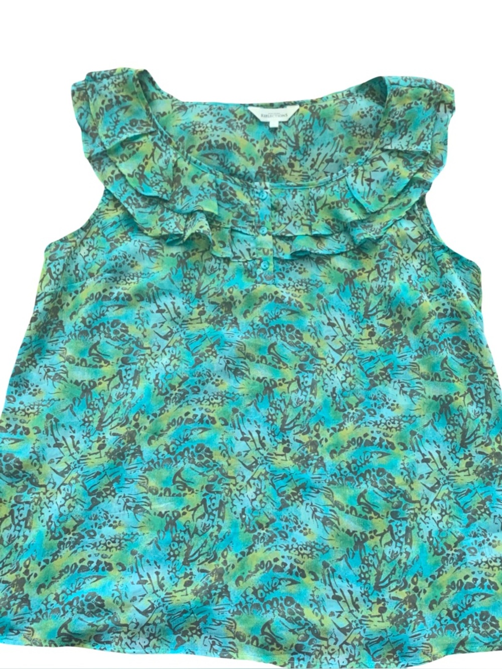 Northern Reflections Sleeveless Ruffle Neck Printed Blouse Teal & Green